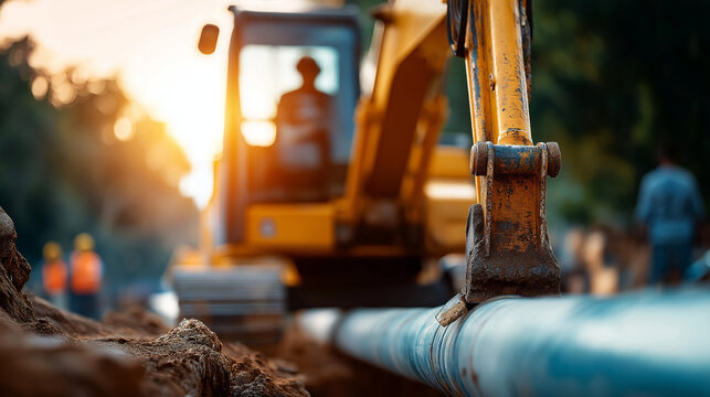 Backhoe excavator digging trench for pipeline installation heavy machinery infrastructure construction equipment earthmoving operation construction site operator cab