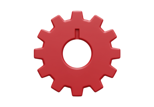 Red gear PNG isolated on transparent background, cogwheel graphic for engineering and mechanical design projects