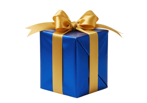 Blue gift box with golden ribbon isolated PNG, present for birthday or Christmas on transparent background