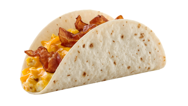 Bacon breakfast taco with scrambled eggs and melted cheese in soft flour tortilla isolated on the transparent background