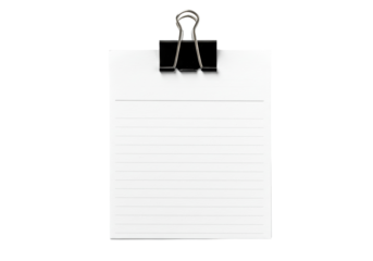 Lined notepad with binder clip isolated PNG on transparent background, blank paper sheet for notes and reminders