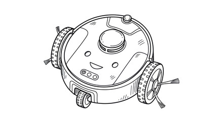 Robotic Vacuum Cleaner Illustration with Wheels and Brushes, Line Art Style.