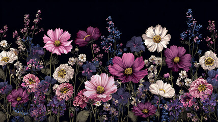 Dramatic Floral Border on Black: A stunning arrangement of cosmos and wildflowers against a dark, sophisticated backdrop.