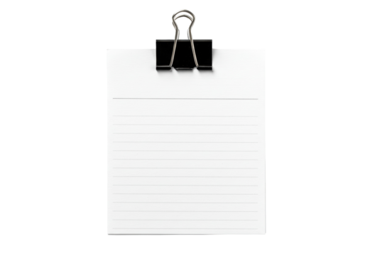 Lined notepad with binder clip isolated PNG on transparent background, blank paper sheet for notes and reminders