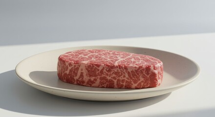 Raw marbled steak on a neutral plate against a light background  