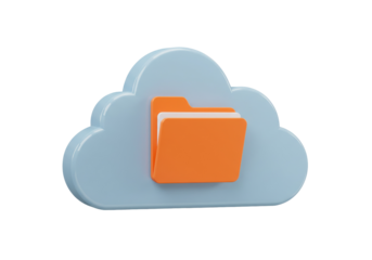 Cloud storage with folder PNG isolated on transparent background, data management and online backup for business and personal use