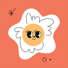 Daisy flower with cute face expression. Funny joyful emoji character, looking aside with big eyelash