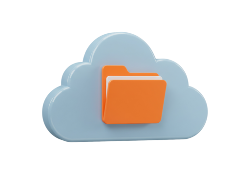 Cloud storage with folder PNG isolated on transparent background, data management and online backup for business and personal use
