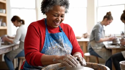 joyful senior african american woman shapes clay on potter's wheel, smiling in bright pottery workshop, enjoying her creative hobby, laughing. lifelong learning concept, elderly activity