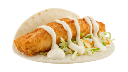 Crispy fish taco with cabbage slaw and creamy sauce on flour tortilla isolated on the transparent background