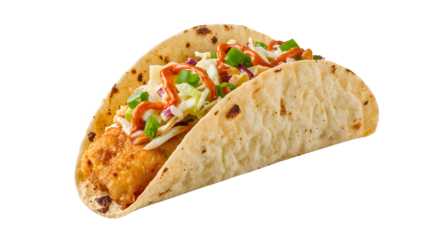 Crispy fish taco with fresh slaw, green onion, and spicy sauce in soft flour tortilla on the transparent background