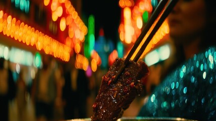 Savoring culinary delights at night market street food experience vibrant city lights urban environment close-up view