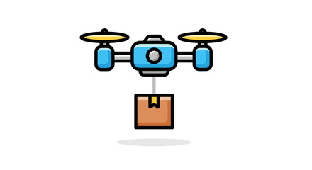 Stylized blue delivery drone icon carrying a cardboard box package for aerial shipping service.