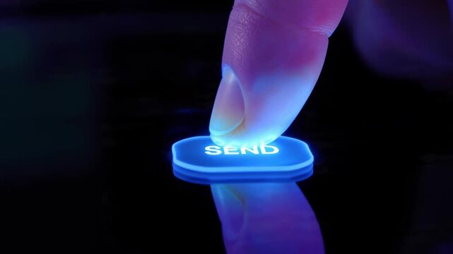A fingertip presses a glowing blue "SEND" button, reflecting on a dark, glossy surface