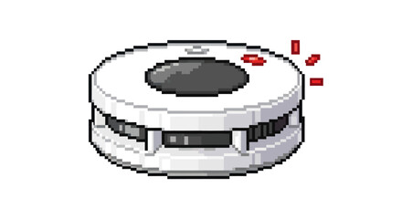 A pixel art illustration of a white, round smoke detector with a flashing red alarm light.