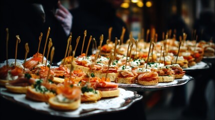 Delicious appetizers served at a vibrant street food market gourmet cuisine evening setting close-up focus on culinary delights