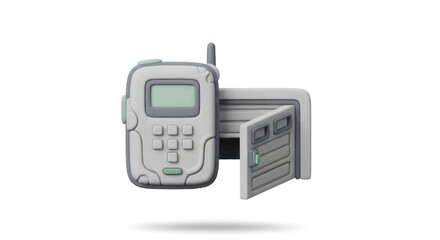 Gray Two-Way Radio with Open Safe Door Illustration.