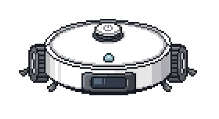White Round Robot Vacuum Cleaner Pixel Art Illustration.