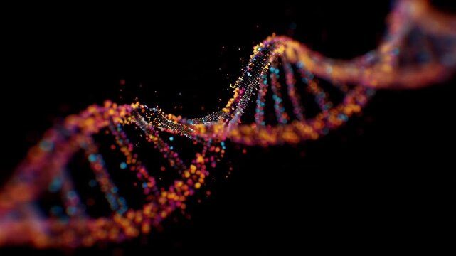A vibrant, abstract rendering of a DNA double helix, composed of colorful particles against a black backdrop