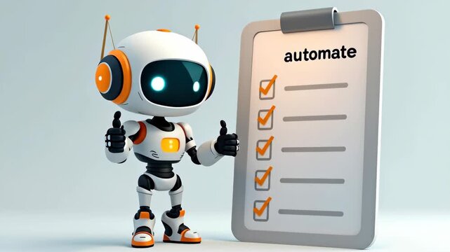 robot next to clipboard with checklist of finished tasks, cartoon illustration. automation tools, work efficiency, innovation, futuristic technology. AI, artificial intelligence, automated assistance