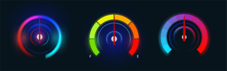 Car speedometer gauges with neon light panel and dials. Vector dashboard indicators on tachometers. Speed meter mph readouts with loading bars and battery, fuel and velocity level scales