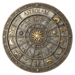 Astrolabe zodiac wheel isolated on transparent background, featuring intricate astrological symbols and celestial patterns in a circular design