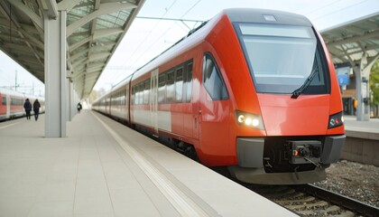 Obraz premium railway station with modern red commuter train