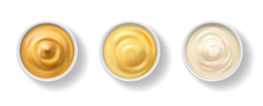 Bowls with seasonings and dip sauces for dishes and meal. Vector isolated realistic icon set of tasty mustard and garlic flavor, mayonnaise or spicy delicious dressings for salads. Snacks addition