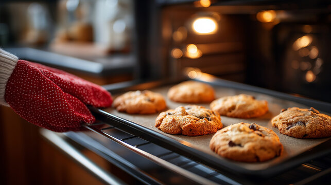 Freshly baked cookies on baking sheet just removed from oven hot Christmas baking golden edges visible oven mitt on hand face not shown kitchen appliances defocused with copy