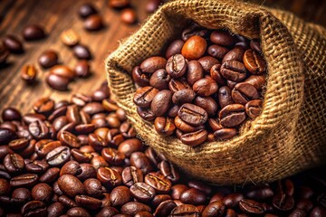 Macro Close-up of Aromatic Coffee Beans in Burlap Sack - Rich Brown Tones