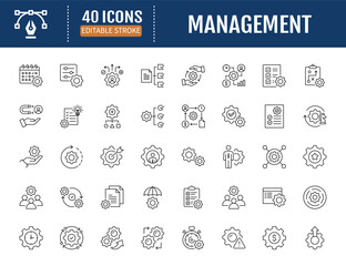 Management icon set. Includes manage,plan, lead, strategy, goal, task, team, schedule,organize, project and more. Vector Illustrationwith Editable Strokes