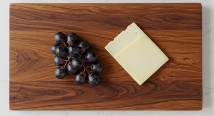 Cheese slice and black grapes on wooden cutting board  