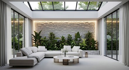 Fototapeta premium Bright Interior - Modern Living Room with Skylight, Stone Wall, and Lush Greenery.