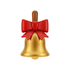 Jingle bell, christmas decoration with ribbon. Vector in 3d style, isolated traditional xmas design. Golden item for chiming, holly jolly season, celebration of winter holidays, new year toys