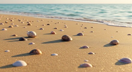 Smooth Pebbles on a Sandy Beach with Gentle Ocean Waves.