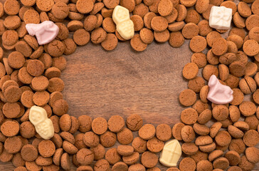 Background Dutch holiday Sinterklaas with copy space for text. Kruidnoten cookies and traditional hollands sweets.