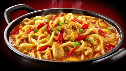 Sizzling chicken noodle dish asian restaurant food photography cozy environment close-up view culinary delight