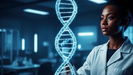 african american female scientist in laboratory coat studying holographic dna strand. biotechnology, genetic research, futuristic healthcare innovation, medical science - Powered by Adobe