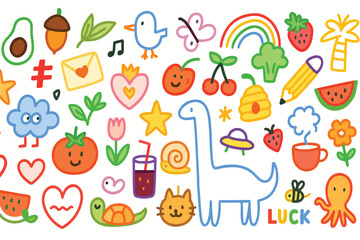 Cute doodle outlined design elements set. Funny creative line art animals, food, flower, rainbow, abstract shapes in kids scribble style. Trendy naive drawings. Childish hand-drawn vector illustration