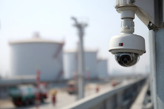 A CCTV camera is mounted high on a building in an industrial plant or factory. - Powered by Adobe