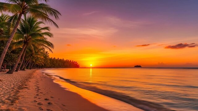 Sunkissed beach Golden hour glow palm trees sway waves kiss sand  footprints linger