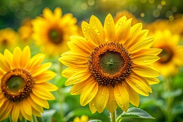 Macro Photography: Dwarf Yellow Sunflowers, Bambino Variety Blooming in Garden