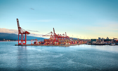 Obraz premium Port of Vancouver. Marine cargo terminal. Largest port in Canada. Vancouver, British Columbia, Canada