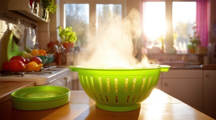 Cooking steam rising from green colander in bright kitchen food preparation scene morning light home cooking concept