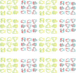 Seamless pattern with cute animal outlines in vibrant colors.