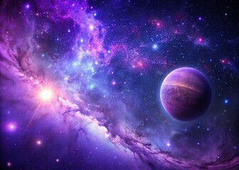 Macro Purple Nebula Space Background: Milky Way Galaxy & Distant Planet