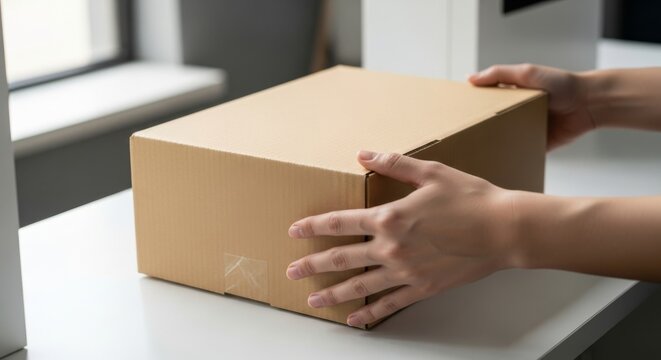 Hands placing a cardboard box on a table by the window  
