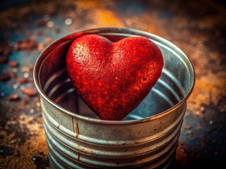Macro Shot: Shiny Red Heart in Metal Trash Can - Valentine's Day Concept