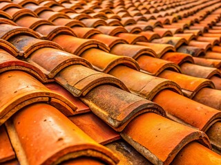 Macro Shot: Layered Orange Roof Tiles, Architectural Detail, House Roof Texture