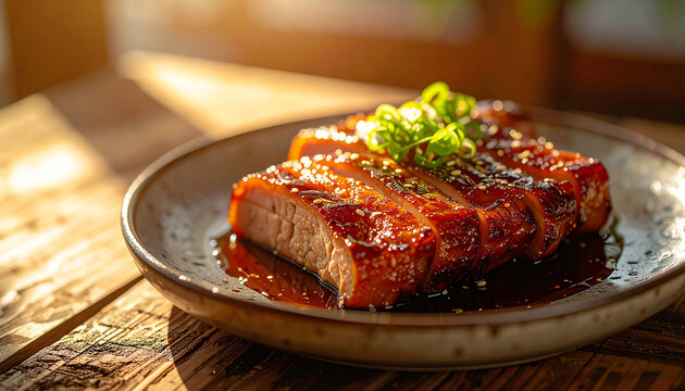 Freshly cooked pork chashu on ceramic plate. Tasty dish. Delicious meal. Cooking and culinary